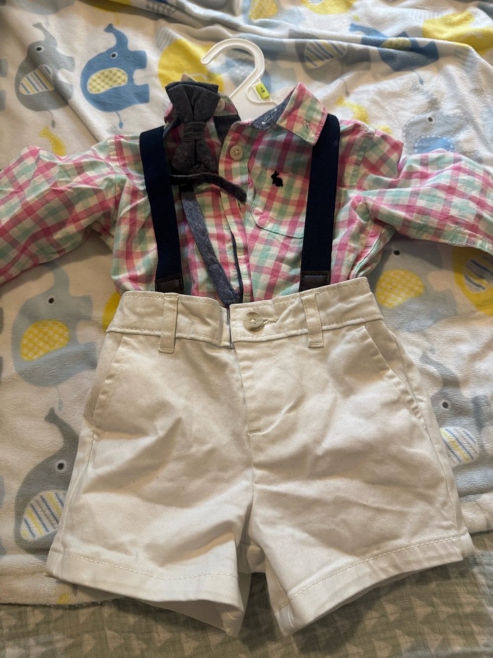Toddler Plaid Button-Up Shirt with Bow Tie and Cream Shorts